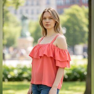 J. Crew - NWT - Coral Cold-Shoulder Ruffle Blouse